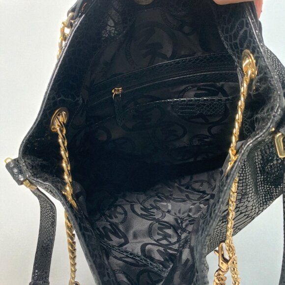 Michael Kors Black Python-Embossed Leather Tote Gold Chain Straps & Logo Charm - Picture 3 of 11